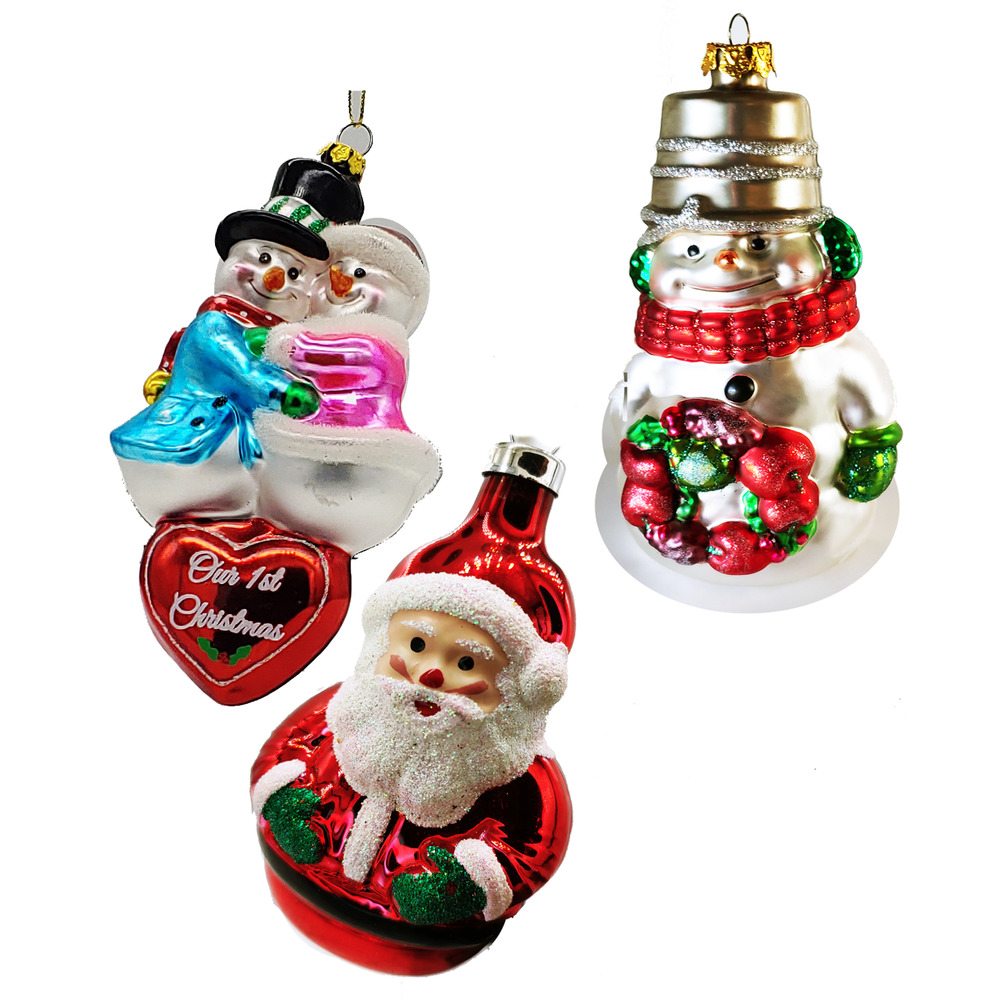 3 pc-Retro Look Glass Christmas Ornaments Large Snowman & Snow Couple/Santa